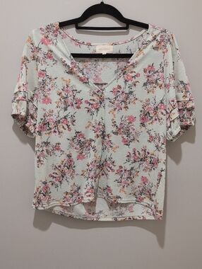 Melloday Mint Floral V-Neck Short Sleeve Top